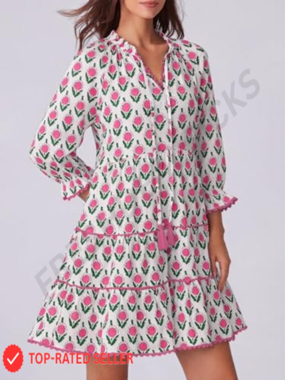 Long Sleeve Floral Ruffle V Neck Mini Babydoll Dress with Pockets - Picture 3 of 5